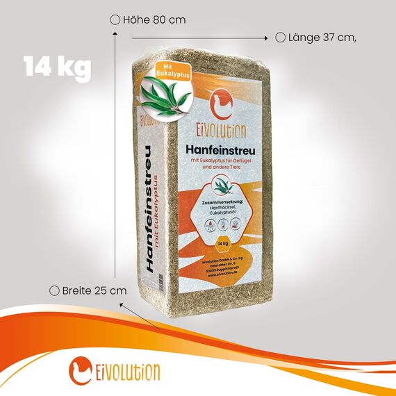 eivolution Hanfeinstreu mit Eukalyptus 14 kg - Staubfrei für Hühner & Pferde - Hochsaugfähig Nachhaltig