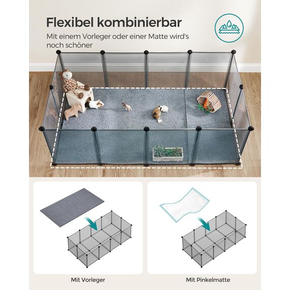 SONGMICS Freigehege mit Bodenplatten, Laufstall, Meerschweinchen Gehege, aus Kunststoff, Gehege für Hamster, Kaninchen, Igel, 140 x 70 x 45 cm, grau LPC002G01
