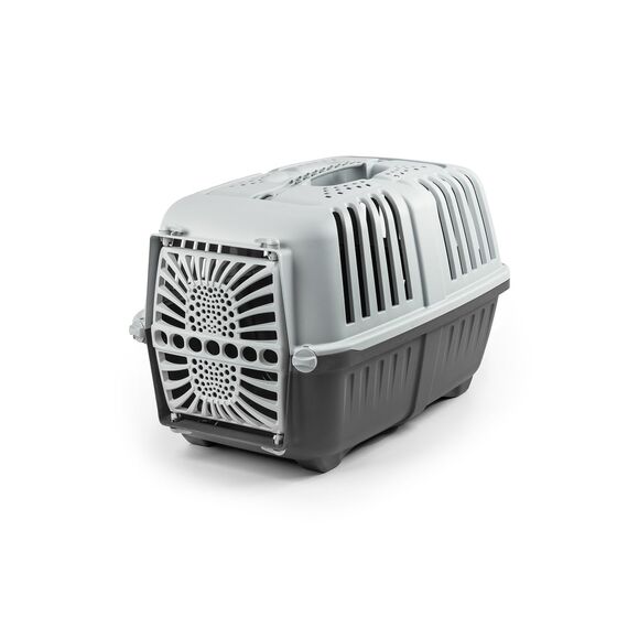 lionto Hundetransportbox aus robustem recyceltem Kunststoff, 55x36x36 cm, Transportbox mit praktischem Schließsystem & Tragegriff, auch geeignet für Katzen & Kleintiere, für Haustiere bis 15kg grau