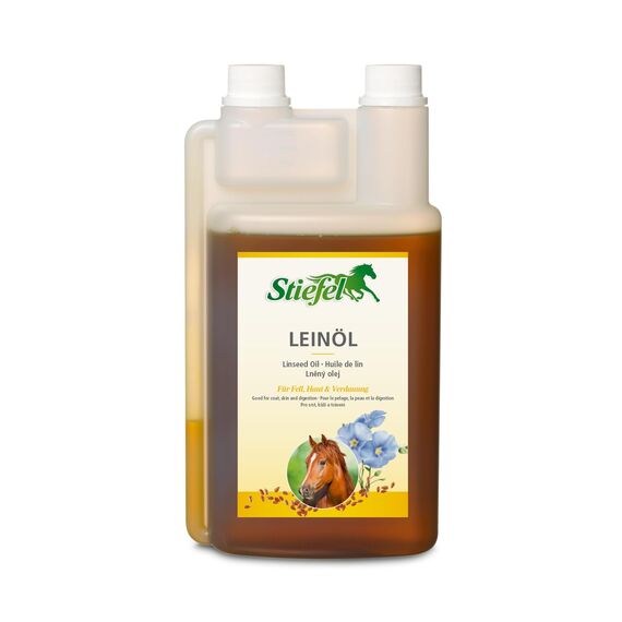 Stiefel Leinöl für Pferde, 100% naturreines Öl, kaltgepresst, kann den Fellwechsel, die Verdauuung & Haut unterstützen, flüssig mit Dosierflasche, 1l