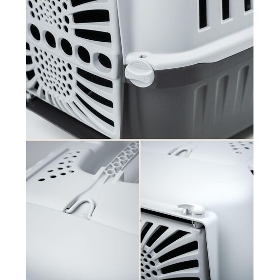 lionto Hundetransportbox aus robustem recyceltem Kunststoff, 55x36x36 cm, Transportbox mit praktischem Schließsystem & Tragegriff, auch geeignet für Katzen & Kleintiere, für Haustiere bis 15kg grau