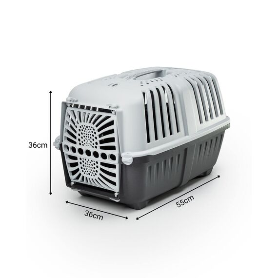 lionto Hundetransportbox aus robustem recyceltem Kunststoff, 55x36x36 cm, Transportbox mit praktischem Schließsystem & Tragegriff, auch geeignet für Katzen & Kleintiere, für Haustiere bis 15kg grau