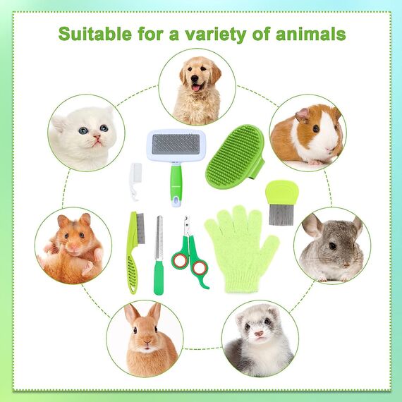 MIAOZ Kaninchen Pflege Set mit Nagelknipser und Trimmer Haustier Haarentferner Lang und Feile, Floh Kamm, Shampoo Badebürste für Hasen Welpen Kätzchen Meerschweinchen Frettchen kleine Tiere (grün)
