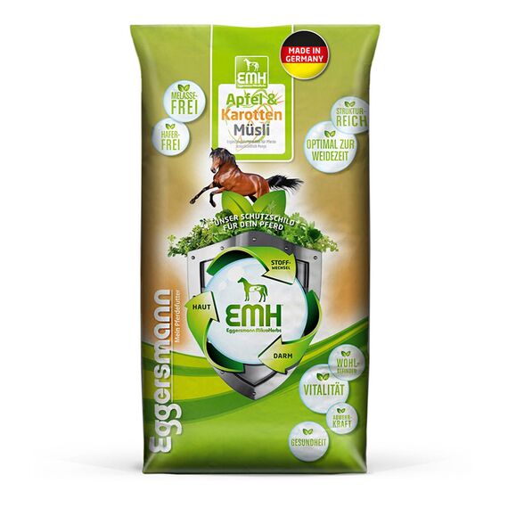 Eggersmann EMH Apfel & Karotten Müsli 15kg - Natürliches Kraftfutter für Pferde - Eiweißreduziertes Pferdefutter ohne Melasse - Ideal für Leichte bis Mittlere Arbeit