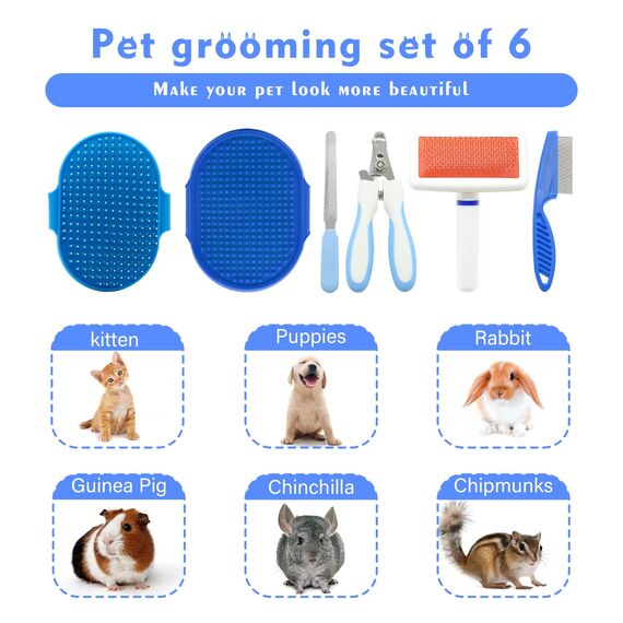 Crafterlife Blaues Haustier Pflegeset 6-TLG | Edelstahl Bürste & Kamm für Hunde, Katzen, Kaninchen & Kleintiere | Fellpflege gegen Haarausfall & Verfilzungen | Mit Nagelknipser & Pflegehandschuhen
