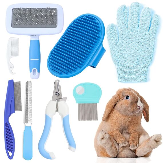 MIAOZ Kaninchen Pflege Set mit Nagelknipser und Trimmer Haustier Haarentferner Lang und Feile, Floh Kamm, Shampoo Badebürste für Hasen Welpen Kätzchen Meerschweinchen Frettchen kleine Tiere (blau)