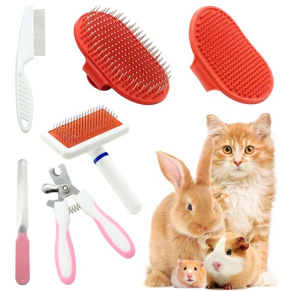 Crafterlife Kaninchen-Fellpflege-Set mit Haustierausfall Zupfbürste Nagelknipser Haustiermassage Badhandschuh Flohkamm für Hasen Welpen Kätzchen Meerschweinchen Frettchen kleine Tiere (rot, rosa)