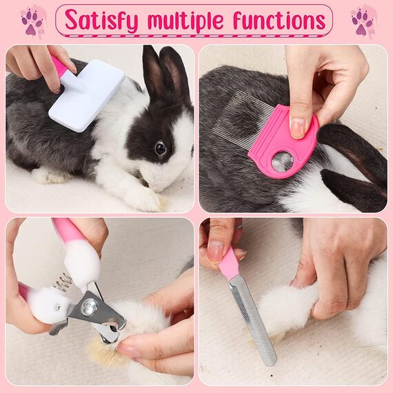 MIAOZ Kaninchen Pflege Set mit Nagelknipser und Trimmer Haustier Haarentferner Lang und Feile, Floh Kamm, Shampoo Badebürste für Hasen Welpen Kätzchen Meerschweinchen Frettchen kleine Tiere (rosa)