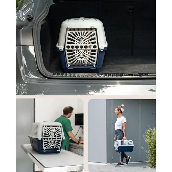lionto Hundetransportbox aus robustem recyceltem Kunststoff, 55x36x36 cm, Transportbox mit praktischem Schließsystem & Tragegriff, auch geeignet für Katzen & Kleintiere, für Haustiere bis 15kg blau