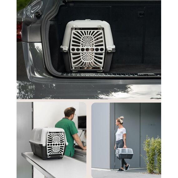 lionto Hundetransportbox aus robustem recyceltem Kunststoff, 48x31,5x33 cm, Transportbox mit praktischem Schließsystem & Tragegriff, auch geeignet für Katzen & Kleintiere, für Haustiere bis 15kg grau