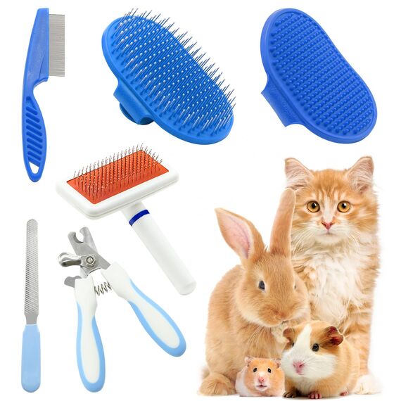 Crafterlife Blaues Haustier Pflegeset 6-TLG | Edelstahl Bürste & Kamm für Hunde, Katzen, Kaninchen & Kleintiere | Fellpflege gegen Haarausfall & Verfilzungen | Mit Nagelknipser & Pflegehandschuhen