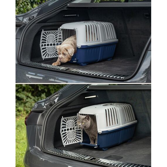 lionto Hundetransportbox aus robustem recyceltem Kunststoff, 48x31,5x33 cm, Transportbox mit praktischem Schließsystem & Tragegriff, auch geeignet für Katzen & Kleintiere, für Haustiere bis 15kg, blau