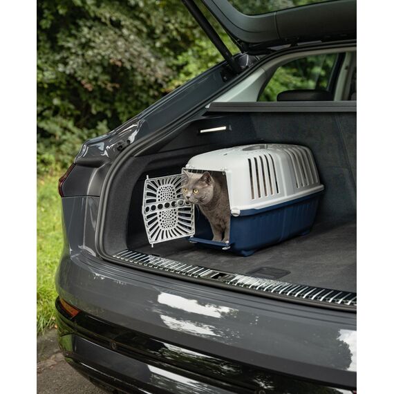 lionto Hundetransportbox aus robustem recyceltem Kunststoff, 55x36x36 cm, Transportbox mit praktischem Schließsystem & Tragegriff, auch geeignet für Katzen & Kleintiere, für Haustiere bis 15kg blau