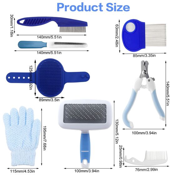 QGGTQG Kaninchen Pflege Set 8 Stück Kleintierpflegeset mit Trimmer Haustier, Nagelknipser, Feile, Haustiermassage, Badhandschuh, Floh Kamm für Katzen, Welpen, Kaninchen, Hamster (Blau)