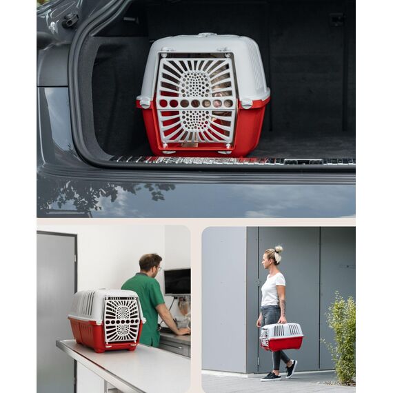 lionto Hundetransportbox aus robustem recyceltem Kunststoff, 55x36x36 cm, Transportbox mit praktischem Schließsystem & Tragegriff, auch geeignet für Katzen & Kleintiere, für Haustiere bis 15kg, rot