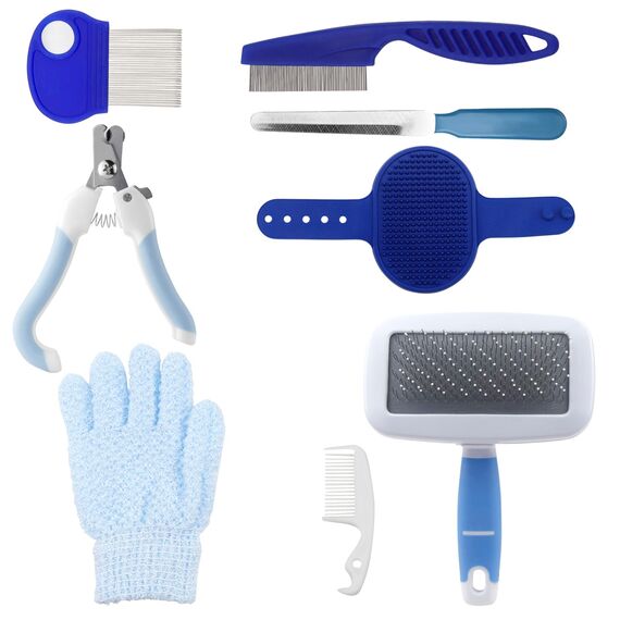 QGGTQG Kaninchen Pflege Set 8 Stück Kleintierpflegeset mit Trimmer Haustier, Nagelknipser, Feile, Haustiermassage, Badhandschuh, Floh Kamm für Katzen, Welpen, Kaninchen, Hamster (Blau)