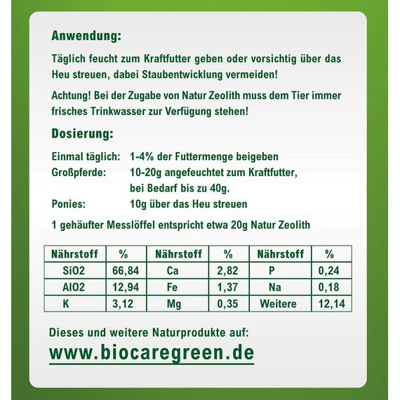 Biocaregreen Natur Zeolith Pferd | 1kg, Garantierte Vermahlung auf 50 μm | Nahrungsergänzung für Pferde