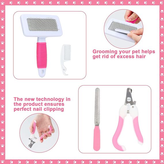MIAOZ Kaninchen Pflege Set mit Nagelknipser und Trimmer Haustier Haarentferner Lang und Feile, Floh Kamm, Shampoo Badebürste für Hasen Welpen Kätzchen Meerschweinchen Frettchen kleine Tiere (rosa)
