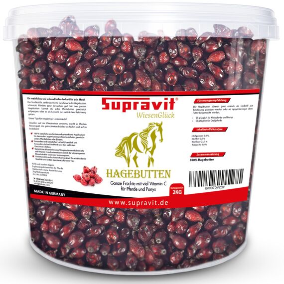 Supravit Hagebutten Pferd | Mit viel Vitamin C für Pferde und Ponys | 2kg Eimer I Ganze getrocknete Früchte - natürliche Pferdeleckerlis ohne Zucker | Erstklassige Qualität