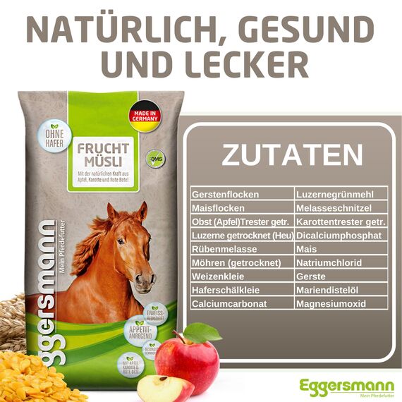 Eggersmann Frucht Müsli 20 kg – Eiweißreduziertes Pferdemüsli – Zusatzfutter mit hohem Gehalt an Fruchttrestern – Natürliches Eggersmann Pferdefutter