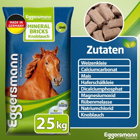Eggersmann Mein Pferdefutter Mineral Bricks 25 kg - Mineralfutter für Pferde - Pferdefutter mit Mineralstoffen & Vitaminen zur Unterstützung des Stoffwechsels - Mit Knoblauchzusatz zur Fliegenabwehr