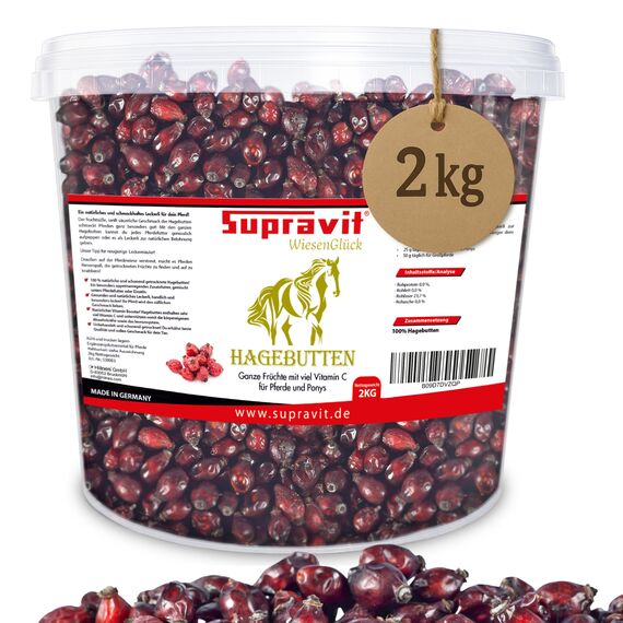 Supravit Hagebutten Pferd | Mit viel Vitamin C für Pferde und Ponys | 2kg Eimer I Ganze getrocknete Früchte - natürliche Pferdeleckerlis ohne Zucker | Erstklassige Qualität