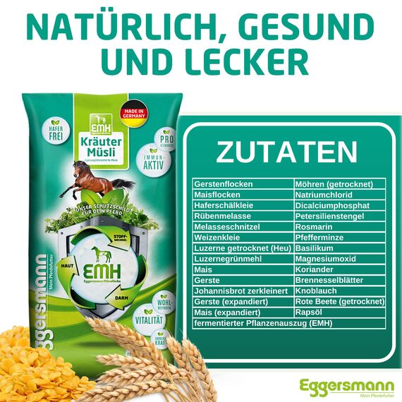 Eggersmann EMH Kräuter Müsli 20 kg – Haferfreies Pferdemüsli – Bei Atemwegsproblemen und Staubempfindlichkeit – Natürliches Pferdefutter