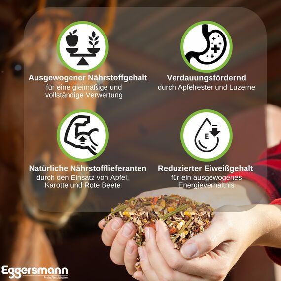 Eggersmann Frucht Müsli 20 kg – Eiweißreduziertes Pferdemüsli – Zusatzfutter mit hohem Gehalt an Fruchttrestern – Natürliches Eggersmann Pferdefutter