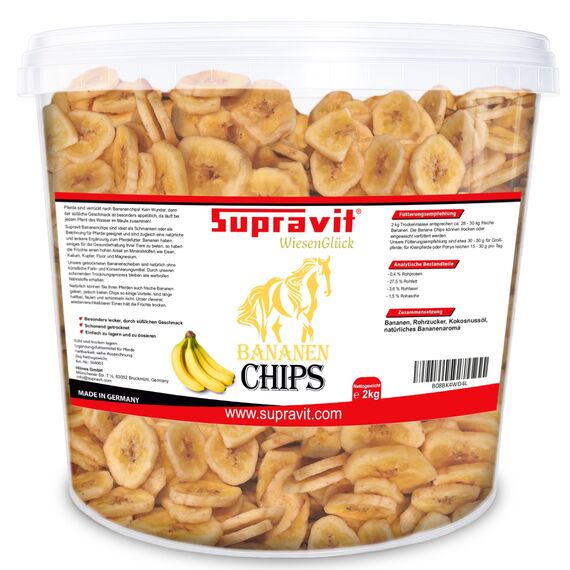 Supravit Bananenchips für Pferde – 2kg Eimer – knusprige Bananenscheiben aus 100% echten Bananen – appetitanregendes Ergänzungsfuttermittel – ideales Pferdeleckerli