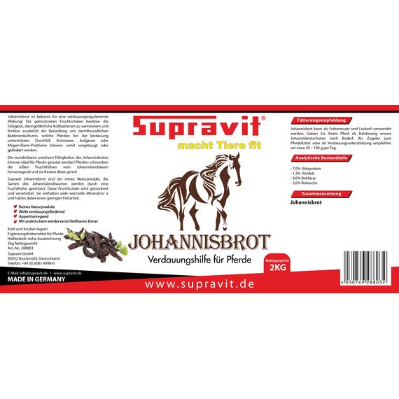 Supravit Johannisbrot 2kg – naturreines Carob Pferdefutter | getrocknete Johannisbrot-Schoten als Futterergänzung & Pferdeleckerli | ballaststoffreicher Pferdesnack für eine artgerechte Fütterung