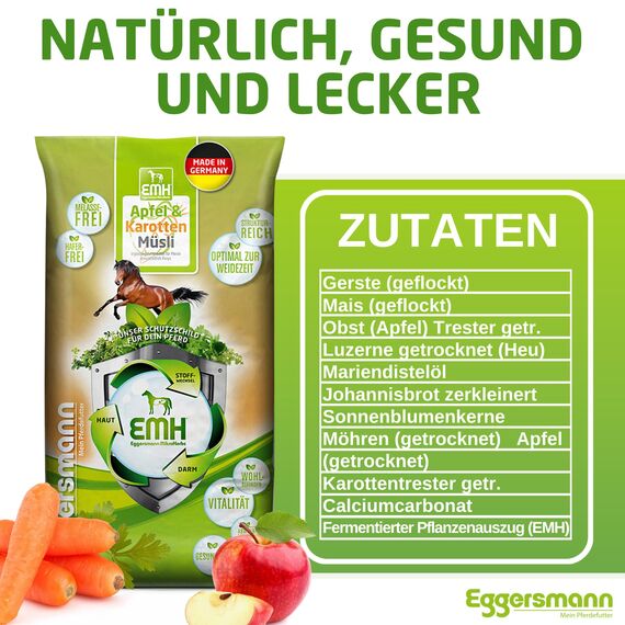 Eggersmann EMH Apfel & Karotten Müsli 15kg - Natürliches Kraftfutter für Pferde - Eiweißreduziertes Pferdefutter ohne Melasse - Ideal für Leichte bis Mittlere Arbeit