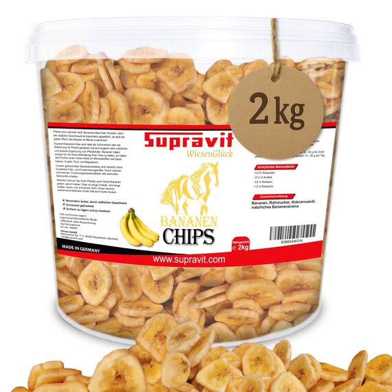 Supravit Bananenchips für Pferde – 2kg Eimer – knusprige Bananenscheiben aus 100% echten Bananen – appetitanregendes Ergänzungsfuttermittel – ideales Pferdeleckerli