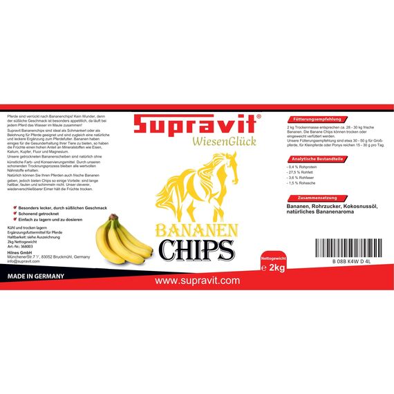 Supravit Bananenchips für Pferde – 2kg Eimer – knusprige Bananenscheiben aus 100% echten Bananen – appetitanregendes Ergänzungsfuttermittel – ideales Pferdeleckerli