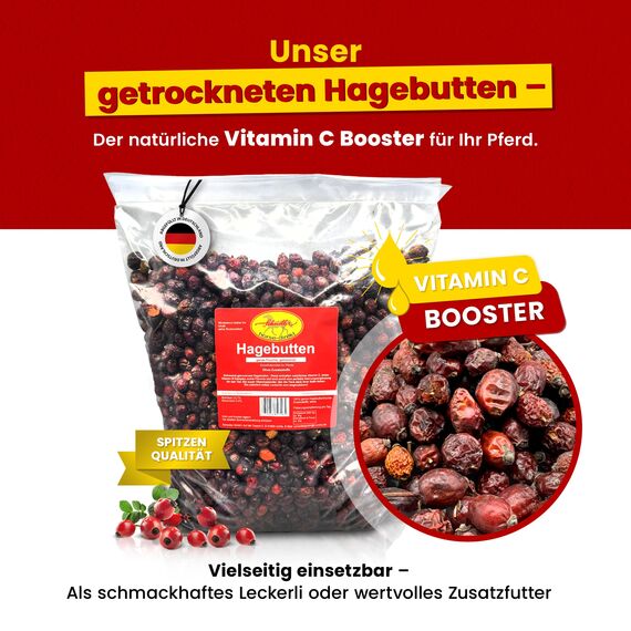 Scheidler horse-direkt Hagebutten getrocknet für Pferde 5kg – Ganze Hagebutte in Spitzenqualität – 100% Natürlicher Vitamin C Booster – Ideales Pferdeleckerli/Zusatzfutter ohne Zuckerzusatz