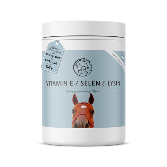 Annimally Selen, Vitamin E, Lysin Pulver für Pferde 800g - Pferd Vitamin E, Lysin, Selen Komplex zur Unterstützung der Muskulatur & Leistung - Ergänzungsfuttermittel für Pferde und Ponys
