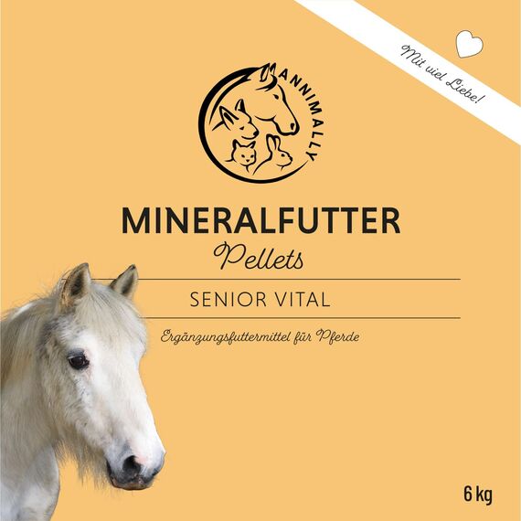 Annimally Senior Mineralfutter Pferde getreidefrei 6 kg - getreidefreies Ergänzungs Pferdefutter für Senior Pferde mit Vitaminen, Mineralstoffen und Spurenelementen, wie Zink, Selen, Omega 3 & Jod