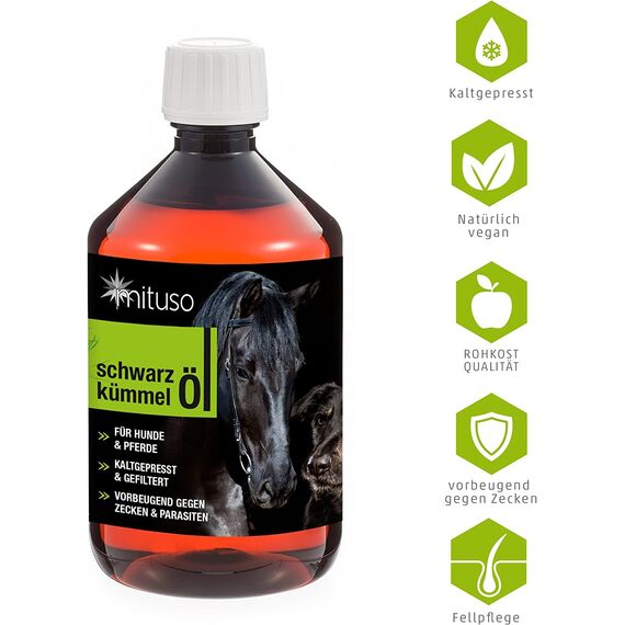 mituso Schwarzkümmelöl für Tiere, 3X 500 ml | Kaltgepresst & 100% rein | Reich an ungesättigten Fettsäuren, Biotin, Vitaminen & Mineralstoffen | Ohne künstliche Zusatzstoffe Ideal für Fellpflege
