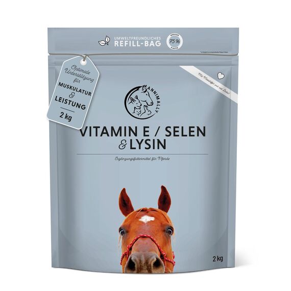 Annimally Selen, Vitamin E, Lysin Pulver für Pferde - Pferd Vitamin E, Lysin, Selen Komplex zur Unterstützung der Muskulatur & Leistung (2 kg Nachfüllpack)