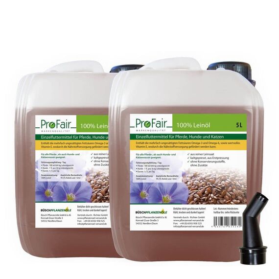 10 Liter ProFair Leinöl (2 x 5 Liter Kanister) kaltgepresst, 100% aus Reiner Leinsaat, ohne Zusätze, Einzelfuttermittel für Pferd, Hund und Katze