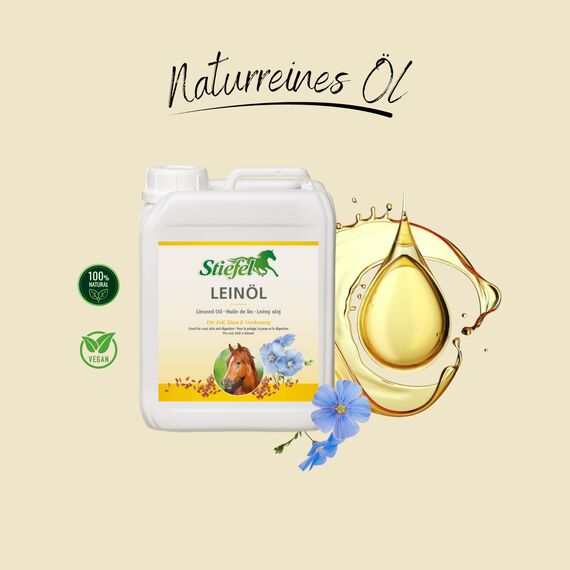 Stiefel Leinöl für Pferde, 100% naturreines Öl, kaltgepresst, kann den Fellwechsel, die Verdauung & Haut unterstützen, flüssig, 5l