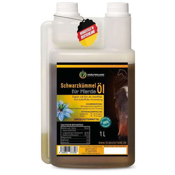 Kräuterland Schwarzkümmelöl für Pferde & Hunde 1 Liter in Dosierflasche - 100% rein, kaltgepresst, ungefiltert - Deutsche Premium Qualität