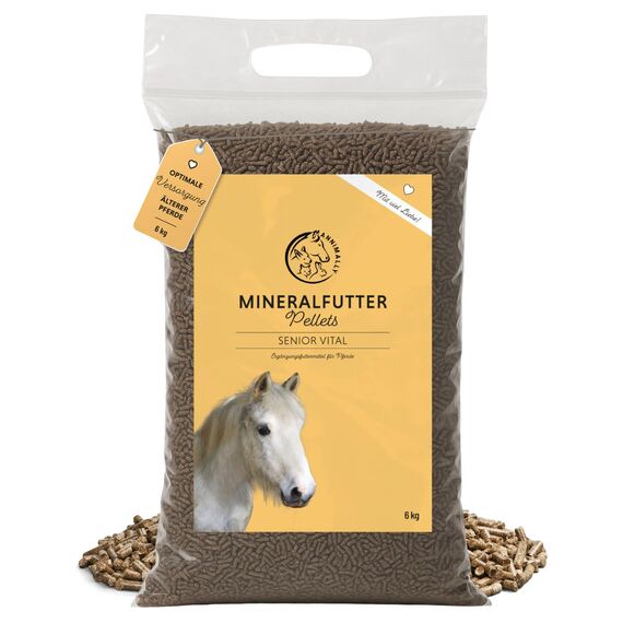 Annimally Senior Mineralfutter Pferde getreidefrei 6 kg - getreidefreies Ergänzungs Pferdefutter für Senior Pferde mit Vitaminen, Mineralstoffen und Spurenelementen, wie Zink, Selen, Omega 3 & Jod