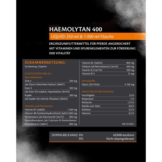 EQUISTRO® Haemolytan 400 | Ergänzungsfuttermittel für Pferde | Unterstützung der Vitalität | Kann zur Verbeserung der allgemeinen Leistungsbereitschaft beitragen | 1L