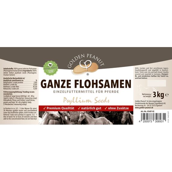 GOLDEN PEANUT Indische Flohsamen ganz 99% Reinheit - für Pferde und Ponys 3 kg, Darmsanierung, natürlich füttern