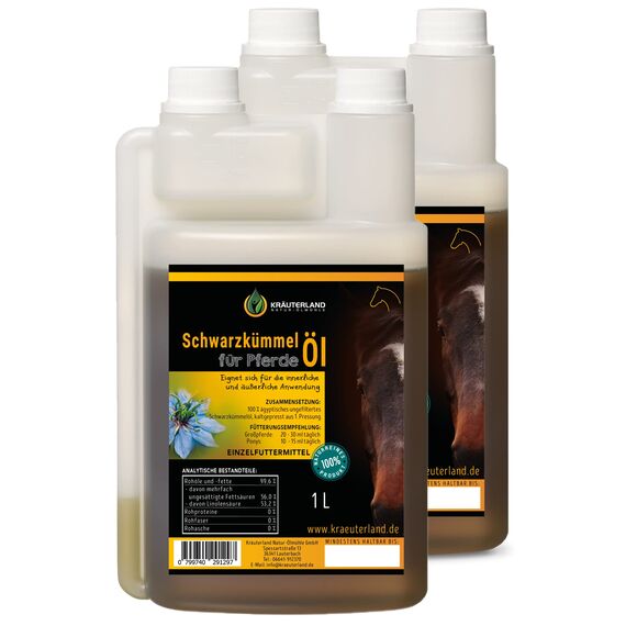 Kräuterland Schwarzkümmelöl für Pferde & Hunde 2 Liter in Dosierflasche (2X 1Liter) - 100% rein, kaltgepresst, ungefiltert - Deutsche Premium Qualität