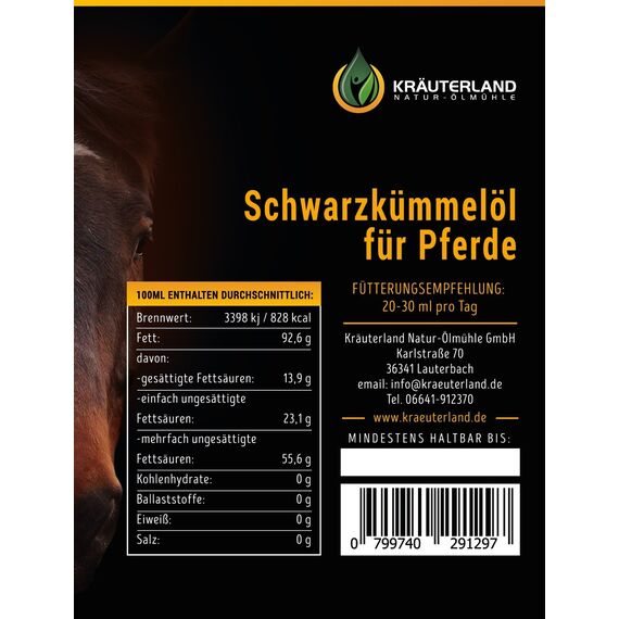 Kräuterland Schwarzkümmelöl für Pferde & Hunde 2 Liter in Dosierflasche (2X 1Liter) - 100% rein, kaltgepresst, ungefiltert - Deutsche Premium Qualität