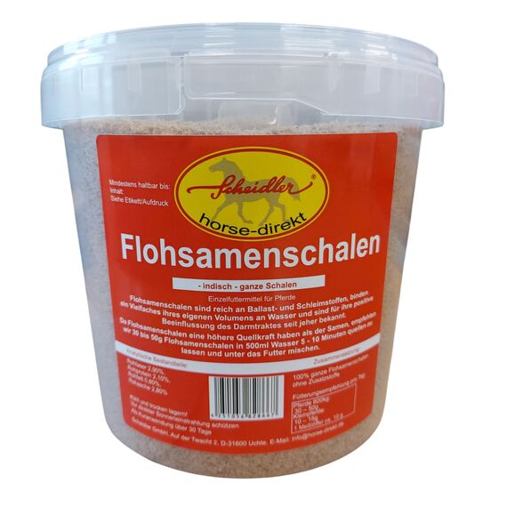 Scheidler horse-direkt 1 kg Eimer Flohsamenschalen indisch, ganz für Pferde, Ponys – Einzelfuttermittel mit viel Ballaststoffen und Schleimstoffen – inkl. Messlöffel
