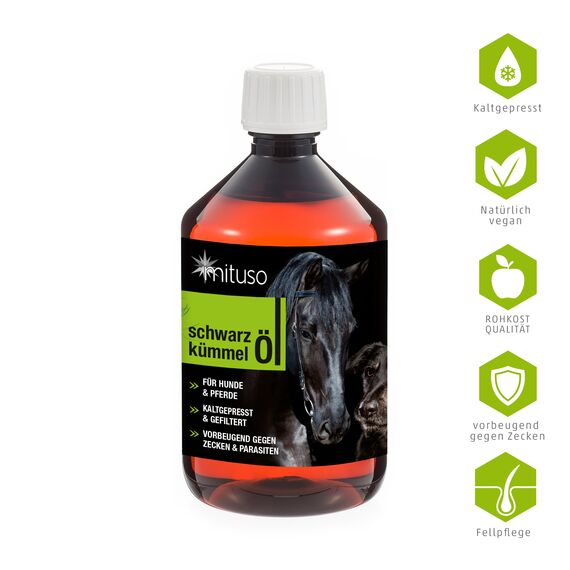 mituso Schwarzkümmelöl für Tiere, 500 ml | Kaltgepresst & 100% rein | Reich an ungesättigten Fettsäuren, Biotin, Vitaminen & Mineralstoffen | Ohne künstliche Zusatzstoffe Ideal für Fellpflege