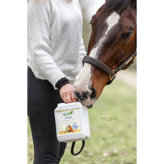 Stiefel Leinöl für Pferde, 100% naturreines Öl, kaltgepresst, kann den Fellwechsel, die Verdauung & Haut unterstützen, flüssig, 5l