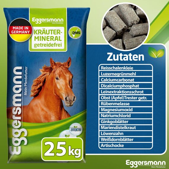 Eggersmann Mein Pferdefutter Kräutermineral getreidefrei 25 kg – Getreidefreies Mineralfutter für Pferde – Zur Unterstützung des Stoffwechsels – Für allergieempfindliche Pferde geeignet